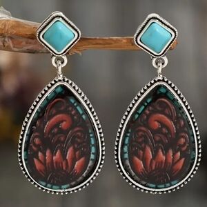 Turquoise Western Cowgirl Festive Boho‎ Brown Teardrop Dangle Party Earrings